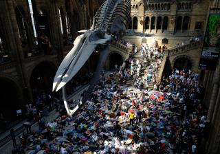 Extinction Rebellion climate change activists perform a mass “die in” in the main hall of the Natural History Museum in London on April 22, 2019.