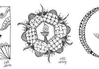  3 black and white doodles called Zentangles.
