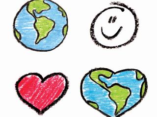 Drawn symbols of the earth, a smiley face, a heart, and the earth in the shape of a heart.