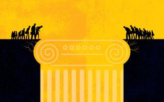Black and yellow illustration of two groups of people separated by a chasm that is formed by a grecian style column.