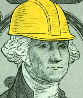 Illustration of George Washington on the dollar bill, with a hard hat on his head.
