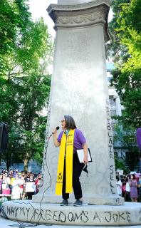 The Rev. Dr. Susan Frederick-Gray, president of the Unitarian Universalist Association, speaks at a rally in defense of reproductive freedom in downtown Portland, Oregon, at Lownsdale Square on behalf of Unitarian Universalists.