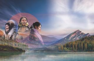 Three indigenous people offset a nature scene