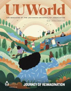 UUWorld Spring/Summer 2023 issue cover. An illustration of a gardened valley featuring a group of interracial, intergender figures