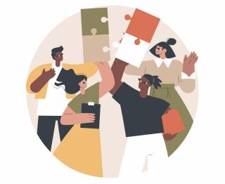illustration of a variety of people holding giant puzzle pieces