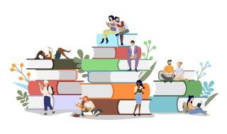 Illustrations of a diverse group of small people reading on or next to giant books