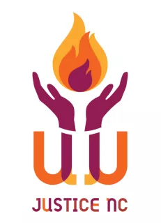 The UUJMNC logo. It is topped with two hands supporting a flame. Below the hand hands are the letters UU, that appear to support the hands like arms. Written under that are Justice NC. 