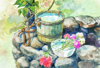 Watercolor f a bucket of water and a glass bowl of flowers, on a rock ledge.