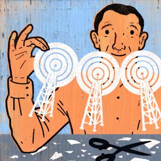 illustration of a man holding up a cut-paper series of repeating radio towers with round signals beaming from their tops.