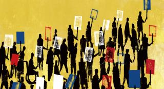 illustration of protesters against a yellow background.