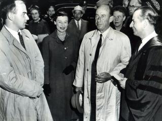 Unitarian Adlai Stevenson II (second from right) visited All Souls Unitarian Church in New York City during his 1956 campaign for U.S. president.