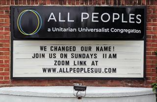 Photo of sign for All Peoples, which changed its name after Thomas Jefferson.