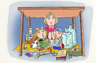Illustration of a woman and her children cowering under a table with lots of safety paraphenalia.