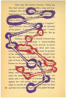Art work, entitled "A sigh hollowed out the chamber of the heart", consisting of a page from a novel with words circled and connected to make sentences