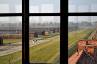 view of Auschwitz barracks from window