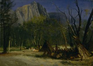 Oil painting 'Indians in Council, California', by Albert Bierstadt, 1872. Dark night scene, people in foreground and mountain in background.