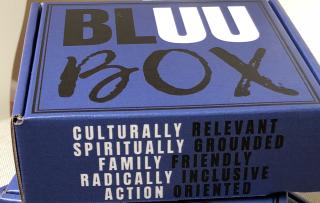 A cardboard box, colored blue, with the words "BLUU Box" on the cover.