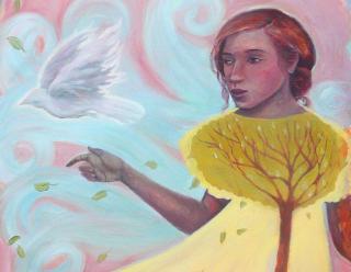 illustration: woman, dove, tree