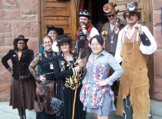 Members of the Universalist Unitarian Church of Riverside, California, in Steampunk gear for a Dickens Festival.