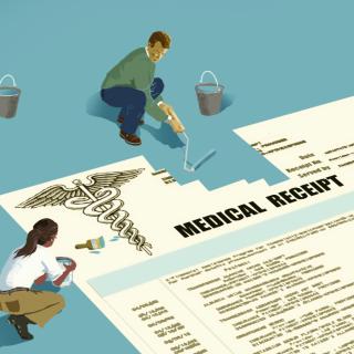  Illustration of a group of people painting over a medical receipt, covering it up. 