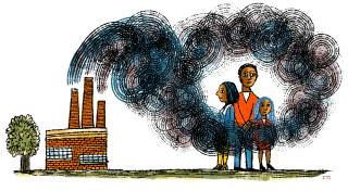 Illustration of family of color surrounded by smoke from a factory