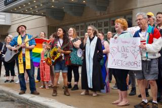 Unitarian Universalists respond to an anti-LGBT group of protesters from Westboro Baptist Church on June 21, 2018.