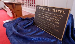 The plaque that will be installed in the newly named Campbell Chapel at the UU Church of Nashua, New Hampshire.