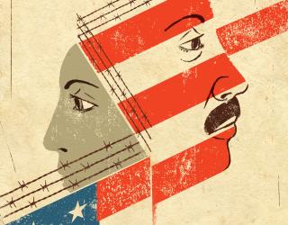 Illustration of two faces separated by barbed wire and an American flag.