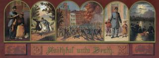 Vintage illustration features pro-police sentiments with vignettes showing police officers arresting a burglar, chasing a runaway horse, breaking up a riot, taking charge of vagrant children, and retrieving a body from the river. 