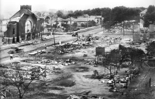 Photo taken June 1, 1921, shows the devastation of the Greenwood District in Tulsa, Oklahoma, including the ruins of Mt. Zion Baptist Church
