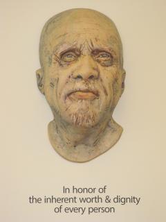 Homeless in Liberty Park. Clay, 23 x 14 x 10 inches. Bust of man with no hair.
