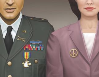illustration of person in military uniform with peace dove medal and person in business jacket with peace symbol pin