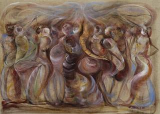 Painting: "Storming" by Ikahl Beckford, oil on canvas. A group of figures crowded and dancing or swaying