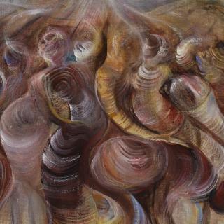 detail of Painting: "Storming" by Ikahl Beckford, oil on canvas. A group of figures crowded and dancing or swaying