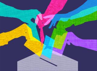 Illustration of overlapping multicolored hands putting ballots in a ballot box.
