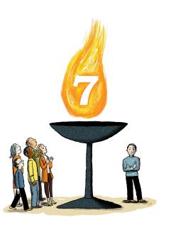 An illustration of large chalice with a flame that has the number '7' in it, with a gentleman with his arms crossed to the right of it and a group of people looking at the flame on the left.