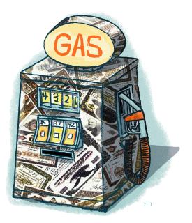 Illustration of gas pump papered with gas company shares.