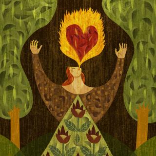 A woman in a forest, breathing fire with heart-shape in it