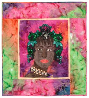 Erzulie Dantor II. © 2005 Michele David. Batik fabrics, fabric paint, hand-dyed fabrics, embellishments, 24 x 28 inches. creole-creations.com