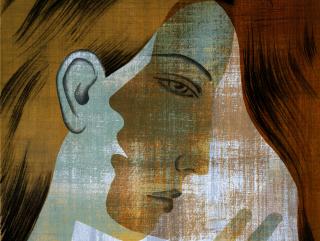 Illustration of overlapping faces, one speaking into the other's ear.
