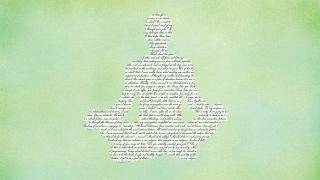 Photo illustration of a meditating person with words on their body, green background.