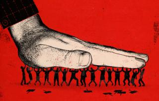 illustration of a group of people, holding up a giant hand that is trying to crush them.