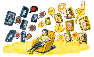 Illustration of a person sitting in a couch, eyes closed, with a cat and mug, looking content. Surrounding the person are screens with happy and sad faces with opinions, positive and negative.