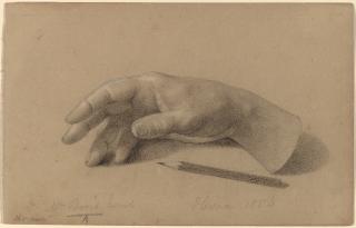 R-20120229-0021.jpg Hiram Powers American, 1805 - 1873 Study of a Hand, 1856 charcoal heightened with white chalk on green wove paper sheet: 11.2 × 17.6 cm (4 7/16 × 6 15/16 in.) John Davis Hatch Collection, National Gallery of Art.