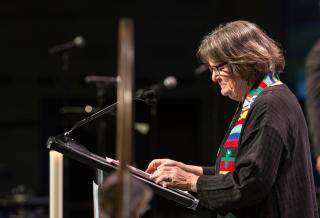 The Rev. Lindi Ramsden, director of Partnerships and Emerging Programs and visiting assistant professor of Faith and Public Life at Starr King School for the Ministry, preaches at the Service of the Living Tradition on Thursday, June 20, 2019. 