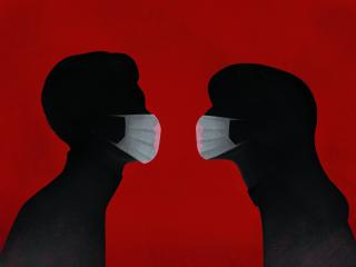 illustration of two people facing each other. Background is red, their bodies are silhouetted except for face masks. 