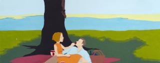 "Romantic Picnic for Three", painting by Brittney Leeanne Williams. In the foreground, a contented couple—female and male, both white—recline on a picnic blanket. Behind them, you can see the trunk of a tree and two black legs bound at the ankles.