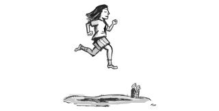 Illustration of a person running, high above the ground, with 2 folks looking on. 