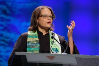 the Rev. Lauren Smith, director of Stewardship and Development, offers a reflection during the June 20 morning worship service at GA 2019.