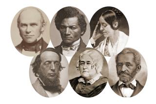Photo collage of 6 spiritual friends, from top left: Theodore Parker, Frederick Douglass, Margaret Fuller, James Freeman Clarke, Elizabeth Palmer Peabody, Lewis Hayden